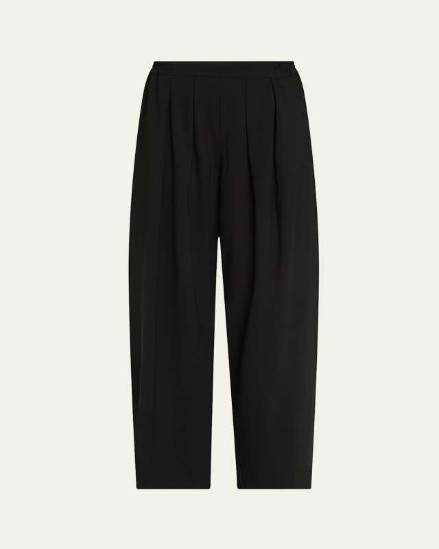 Pleated Stretch Wool Straight-Leg Crop Trousers